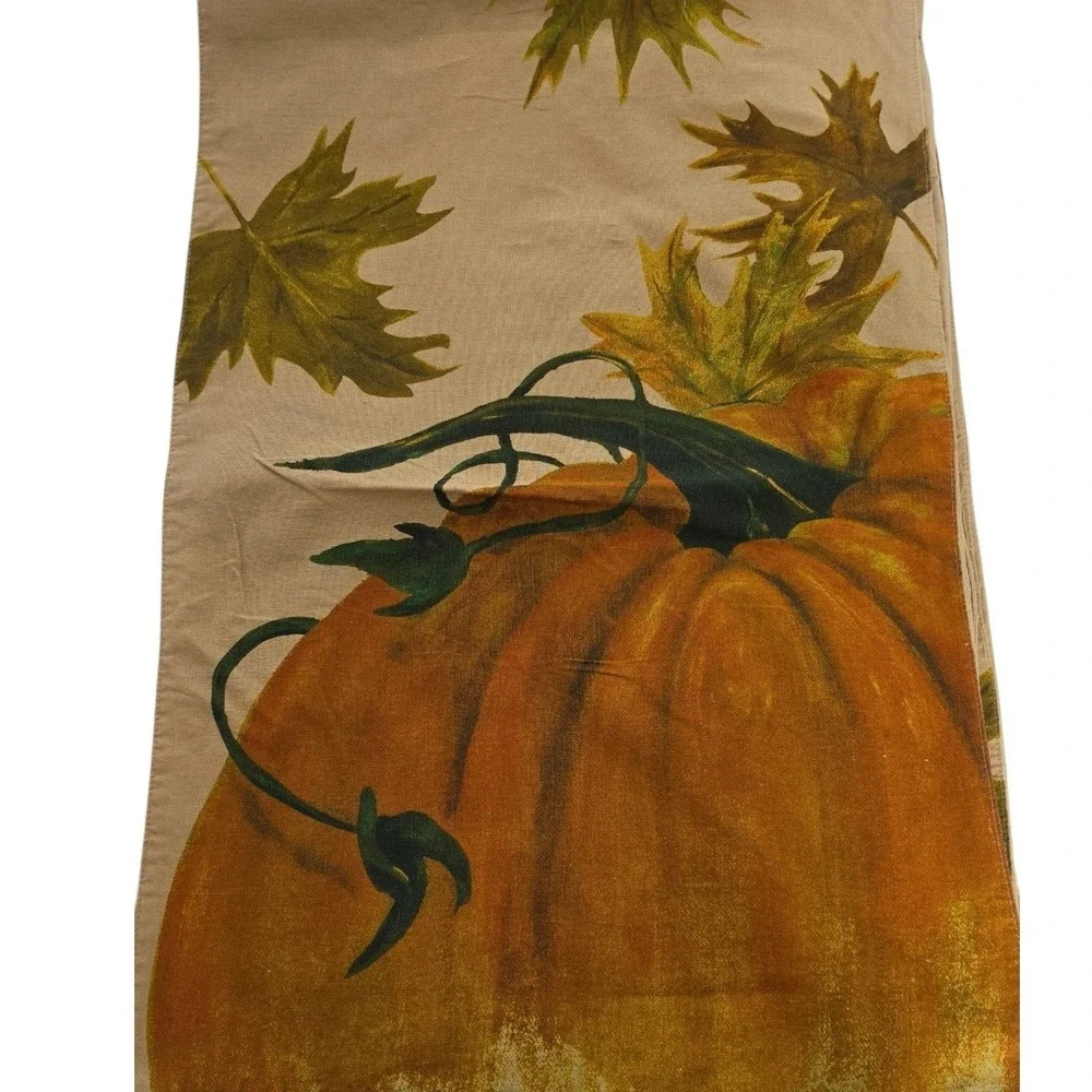 Pottery Barn Harvest Pumpkin Table Runner 18x108 Linen Blend Autumn Leaves Tan